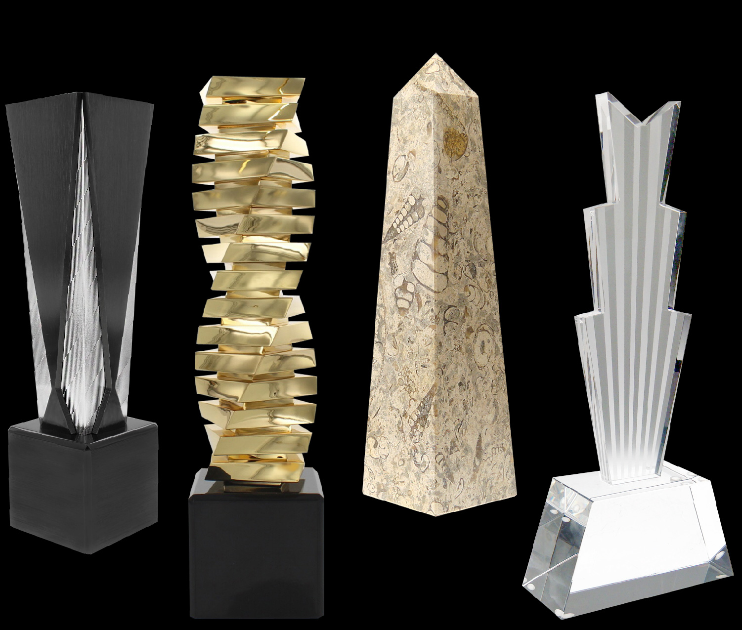 Exclusive Society Award trophies. The Gatsby Black Award, The Gold Twist Award, the Straight Obelisk Fossil Stone Award, Paris Crystal 3 Tower Award